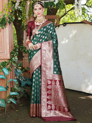 ANOUK Woven Banarasi Art Silk Saree(Green, Maroon)