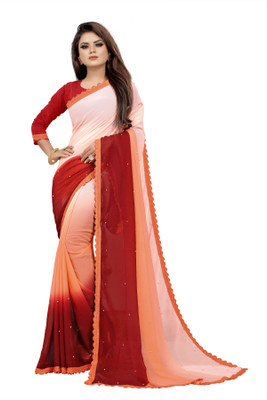 SNIXTY Color Block Bollywood Georgette Saree(Orange, Red)