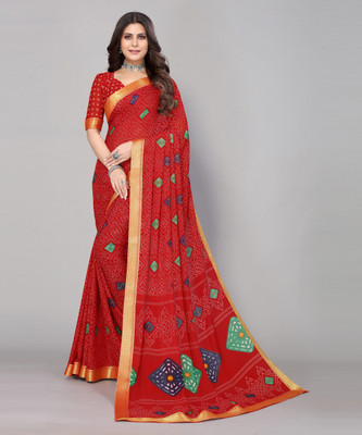 Nirvaan Printed Bollywood Georgette, Lace Saree(Red)