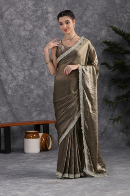 GEN Z TRENDS Embellished, Solid/Plain Bollywood Tissue Saree(Grey)
