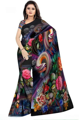 grownext Floral Print, Digital Print, Printed Bollywood Georgette Saree(Black)