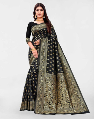 Divastri Woven Kanjivaram Silk Blend, Jacquard Saree(Black)