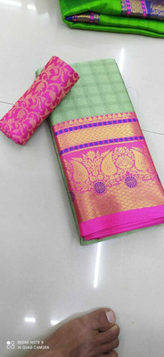 HouseOfCommon Temple Border, Embellished, Woven, Solid/Plain Kanjivaram Jacquard, Cotton Silk Saree(Pink)