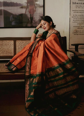 Shoponbit Self Design Banarasi Pure Silk Saree(Orange)