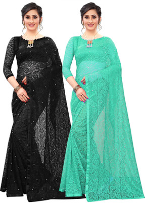 LOROFY Self Design Bollywood Net Saree(Pack of 2, Black, Light Green)
