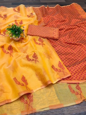 Niwaa Woven, Floral Print, Self Design, Embellished Jamdani Cotton Blend, Jacquard Saree(Yellow, Red)