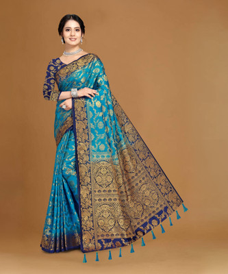 COSBILA FASHION Woven Banarasi Cotton Silk Saree(Blue)