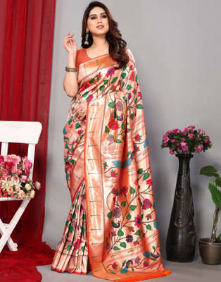Samah Woven, Embellished, Self Design Paithani Art Silk Saree(Orange, Gold, Multicolor)