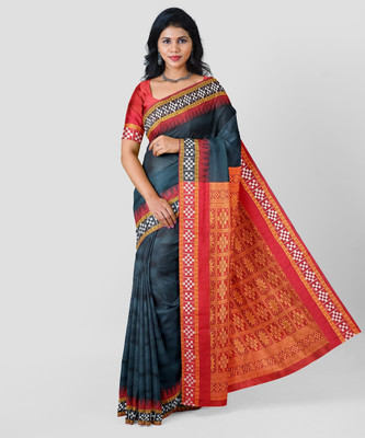Destination Temple Border, Color Block, Solid/Plain Sambalpuri Pure Silk Saree(Dark Green)