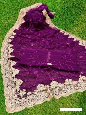 MIYANIFAB Embroidered, Floral Print Bollywood Net Saree(Purple)