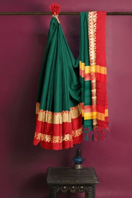 ParshviFashion Printed Dharmavaram Cotton Silk Saree(Green, Red, Yellow)