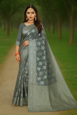 Suntex Woven Banarasi Cotton Blend Saree(Grey)