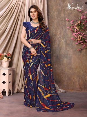 kashvi sarees Floral Print Daily Wear Georgette, Chiffon Saree(Dark Blue)