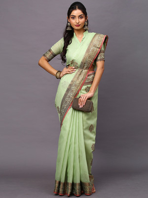 Divastri Floral Print Banarasi Silk Blend Saree(Green)