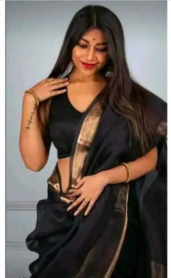 Ss sarees Solid/Plain, Woven, Striped Banarasi Organza Saree(Black)