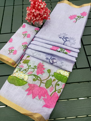 HangerStories Printed Kanjivaram Pure Cotton, Cotton Linen Saree(White)
