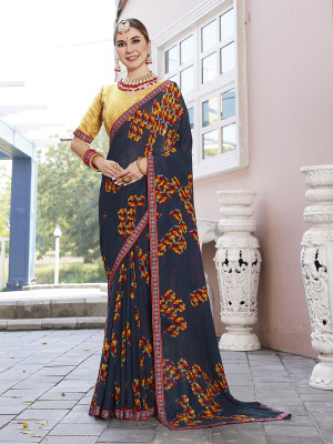 sagarika Printed Bollywood Georgette Saree(Dark Blue)