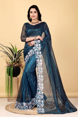 lunexa Embroidered Bollywood Pure Silk Saree(Blue)