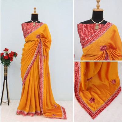 CHAMUNDA CREATION Embroidered Bollywood Silk Blend Saree(Gold)