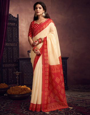 Satrani Printed Baluchari Cotton Silk Saree(Cream, Red)