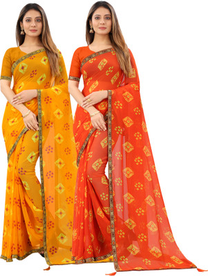 RHEY Printed Bandhani Chiffon Saree(Pack of 2, Yellow, Orange)