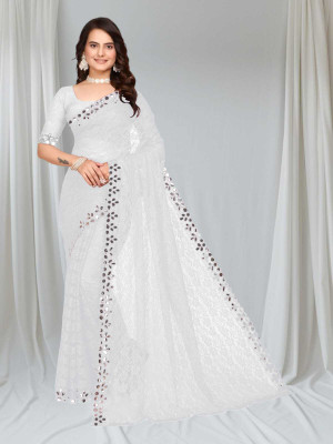 MAA CREATION Embellished Bollywood Net Saree(White)