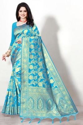 Pikham Self Design Banarasi Art Silk Saree(Light Blue)