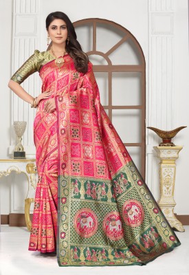 Perfect Wear Woven Patola Cotton Silk, Jacquard Saree(Green, Pink)