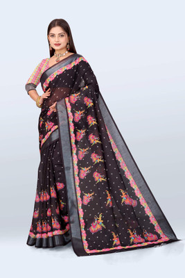 Ethnic Trendz Digital Print Saree with Attached Blouse Cotton Linen Saree(Black)