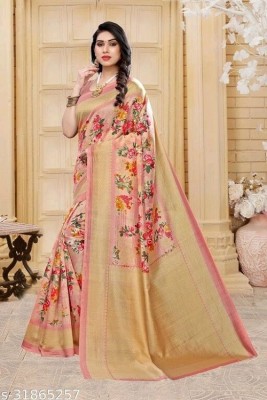 Kjs Floral Print Bollywood Cotton Blend Saree(Mustard)