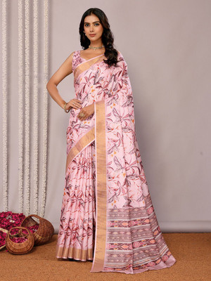 Janasya Printed, Floral Print Chanderi Silk Blend Saree(Pink)