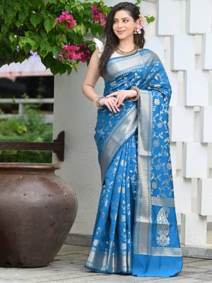 YASHIKA Self Design Kanjivaram Silk Blend Saree(Blue)