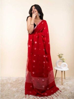 Sayak Creation Floral Print Daily Wear Pure Cotton, Khadi Saree(Red)