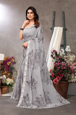 MIRCHI FASHION Printed, Floral Print Daily Wear Chiffon, Georgette Saree(White, Grey)