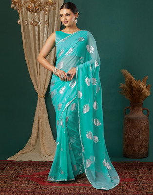 Samah Printed, Embellished Bollywood Georgette Saree(Blue)