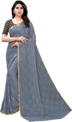 Prutha Fashions Self Design Bollywood Velvet, Chiffon Saree(Grey)