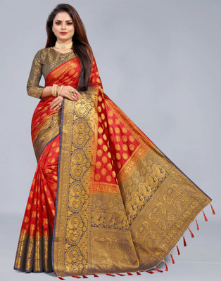 INDI FASHION Woven Banarasi Cotton Silk Saree(Multicolor)