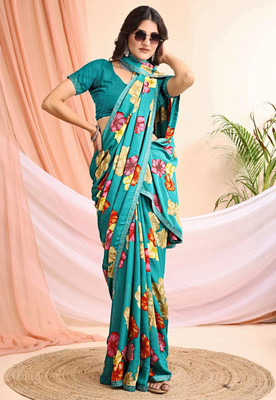 Leelavati Printed, Embellished, Embroidered Daily Wear Chiffon Saree(Light Blue)
