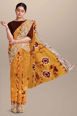 Craftmusium Printed, Color Block, Blocked Printed, Floral Print, Dyed Daily Wear Pure Cotton Saree(Yellow)