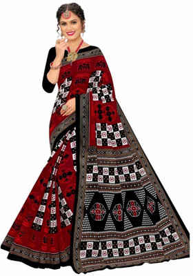 Odissi Fashion Printed Sambalpuri Pure Cotton Saree(Black, Red)