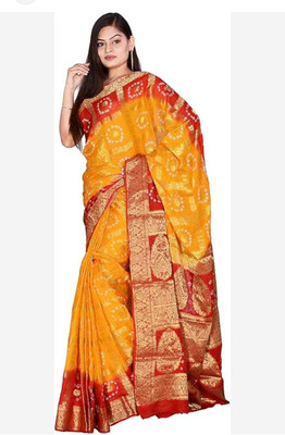 Mo Muslim Woven Bandhani Art Silk Saree(Yellow, Red)