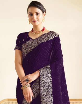 Satrani Embroidered, Embellished Kanjivaram Silk Blend Saree(Purple, Gold)