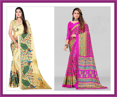 Leelavati Printed Bollywood Crepe Saree(Pack of 2, Cream, Pink)