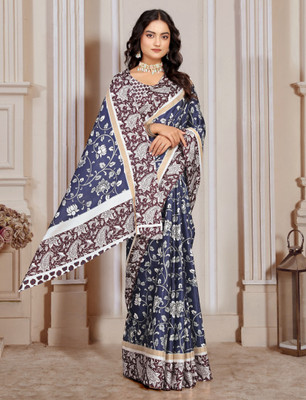 PRTRENDZ Printed Kanjivaram Pure Cotton, Cotton Linen Saree(Blue)