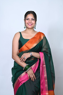 Biyahuti Solid/Plain, Woven, Striped, Self Design Handloom Cotton Silk Saree(Green, Pink, Orange)