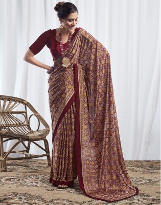 Satrani Printed Daily Wear Silk Blend, Crepe Saree(Maroon, Multicolor)