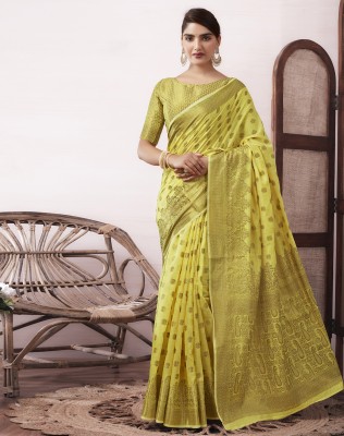 SIRIL Woven, Embellished, Self Design Banarasi Cotton Silk Saree(Yellow, Gold)