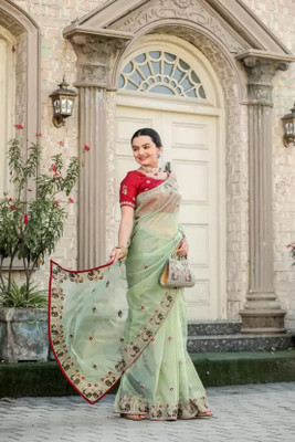 QUEDDY'S Embellished Bollywood Net Saree(Light Green)