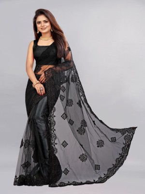 YARA CREATION Embroidered Bollywood Net Saree(Black)