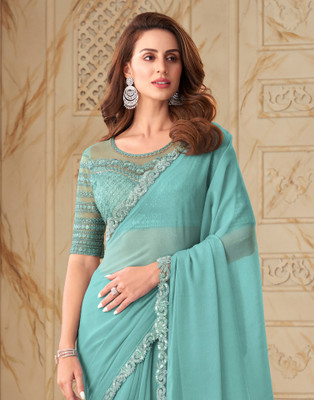 Samah Embroidered, Embellished Bollywood Georgette, Chiffon Saree(Light Blue)